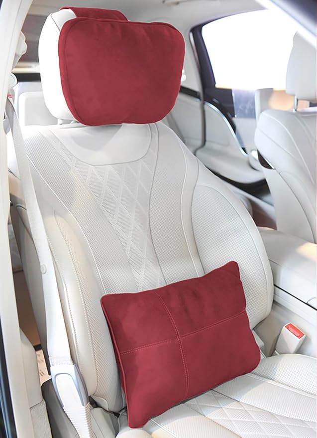 2PCS Car Pillow for Car Neck Pillow for Driving Seat Lumbar Support Soft Cushion with Extra Filling Accessories Back Support for Travel Nap and Trips Sleeping(Red, Head and Lumbar)