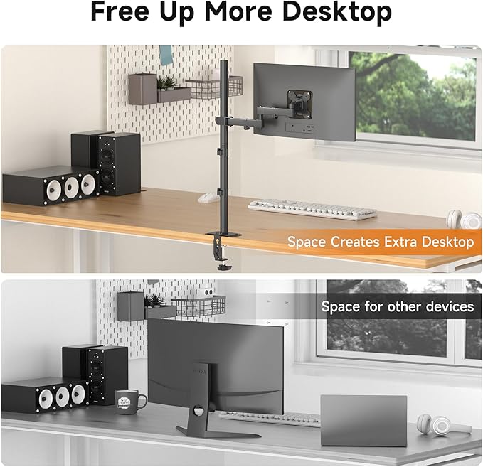 Bracwiser Single Fully Adjustable Standing Height Monitor Arm Stand Mount 800mm Tall for Monitor Computer Screen 13 15 17 19 20 22 23 24 26 27 30 32 inch VESA 75 100 (MD7821)