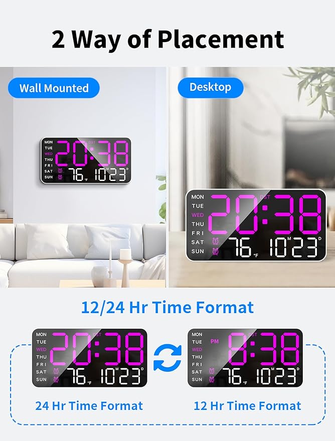 MASHI 8.4''Large Digital Wall Clock, Led Alarm Clock with Big Digits, Date, Temperature, DST, Modern Decor Design for Desk,5-Level Brightness for Room, Bedroom, Gift, Yougster and Elderly (Purple)