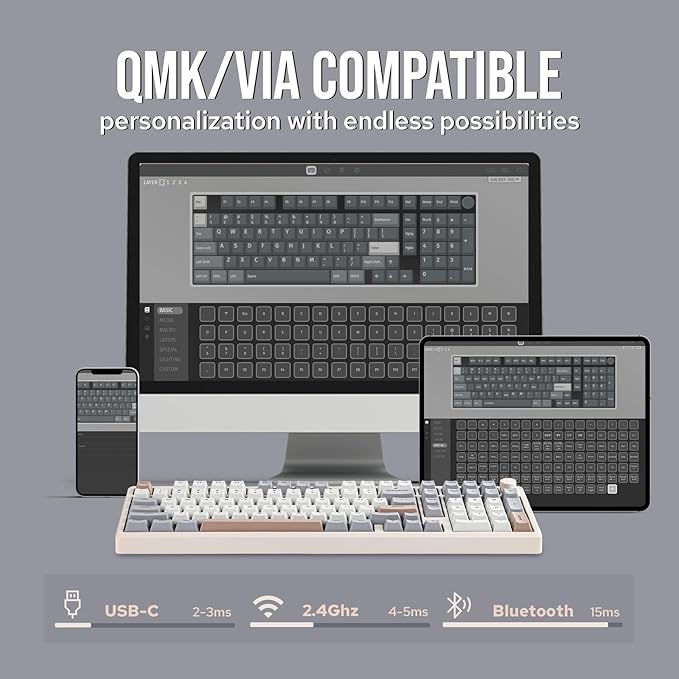 EPOMAKER Galaxy100 QMK/VIA Wireless Gaming Keyboard, Aluminum Shell, Bluetooth/2.4Ghz/USB-C, Pre-Lubed Hot-Swappable Linear Switches, NKRO, RGB Backlit (Creamy White, Wisteria Linear Switch)