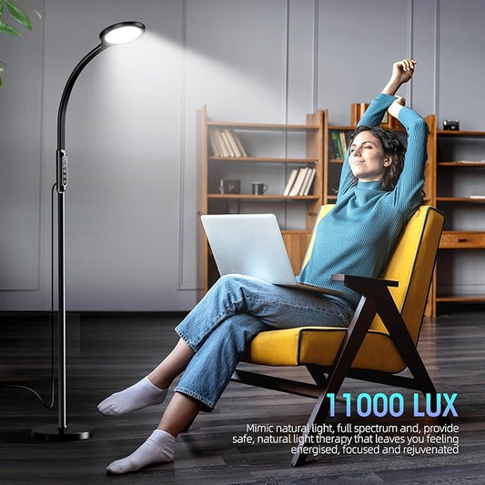 Happy Light Therapy lamp 11000 Lux,LED UV-Free Sunlight lamp,Full Spectrum Happy Therapy lamp with 10 Adjustable Brightness Levels,2 in 1 Retractable Floor Sad Lamp (Black)