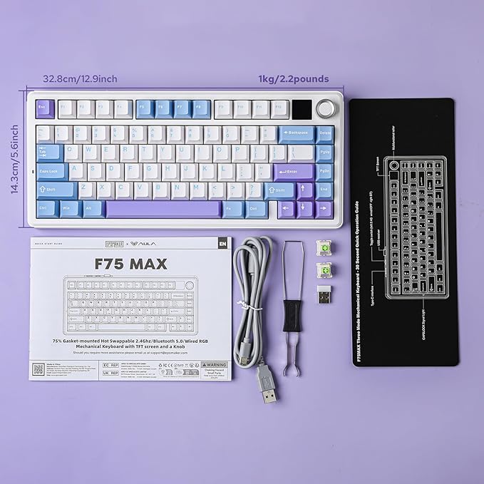 EPOMAKER X Aula F75 MAX Wireless Mechanical Keyboard with TFT Screen and Knob, Gasket Gaming Keyboard in 75% Layout, Hot Swappable, RGB Backlight, for PC/Mac/Linux (Blue&White&Purple)