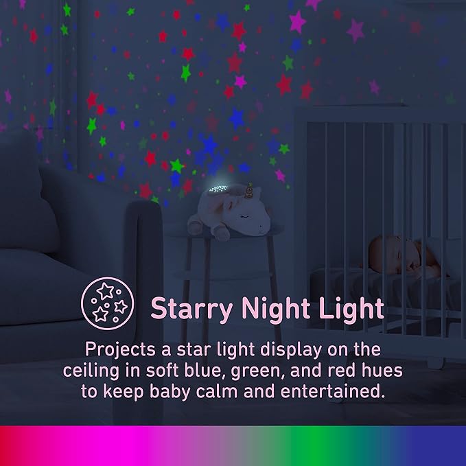 PureBaby Sound Sleepers Portable Sound Machine & Star Projector - Plush Sleep Aid for Baby and Toddlers with Soothing Night Light Display, 10 Lullabies, White Noise, and Heartbeat Sounds (Unicorn)