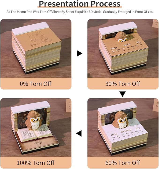 3D Timepiece Calendar 2026 Paper Art Memo Pad – Tear-Away Desk Calendar for Record, Planner & Habit Tracker, Bookmark, Gift & Decorative Office Decor (Owl)