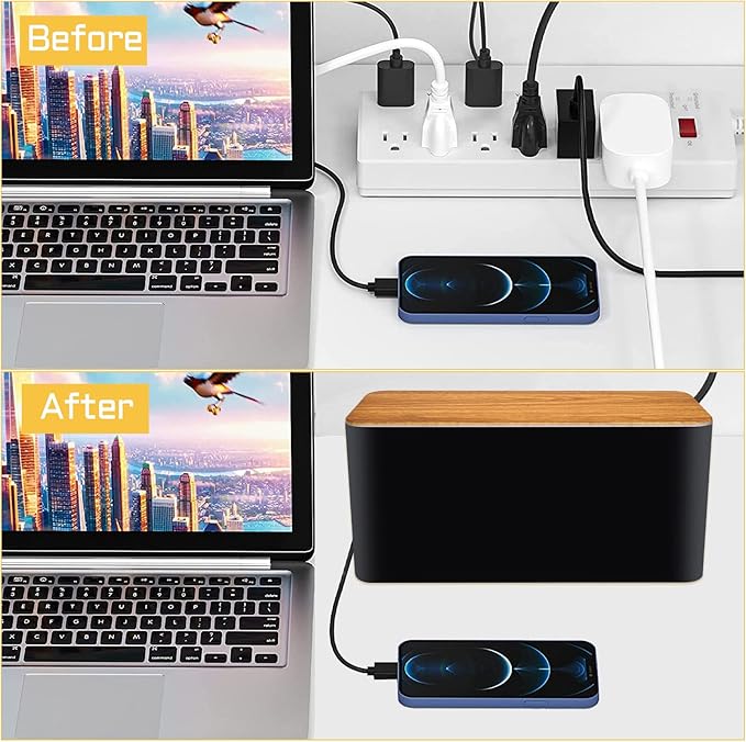 YUANYE Cable Management Box 2 Pack with 122 Cable Clips Set, Large Cord Organizer Box Hide Power Strip for Computer, Router, USB Hub and Under Desk Power Strip, Safe ABS Material Cord Management