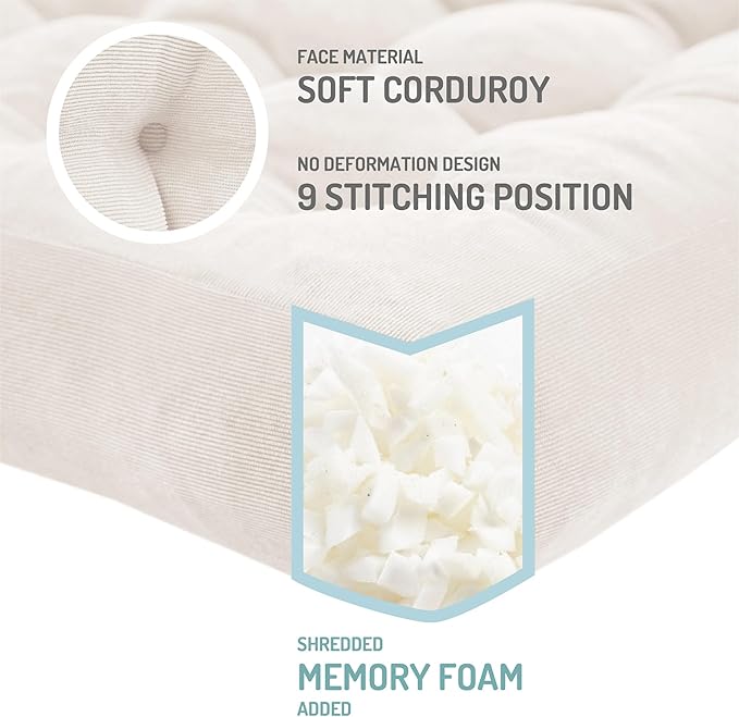 Meditation Floor Pillow Set of 2, Square Large Pillows Seating for Adults, Tufted Corduroy Cushion for Balcony Outdoor Tatami Living Room, Beige, 22x22 Inch