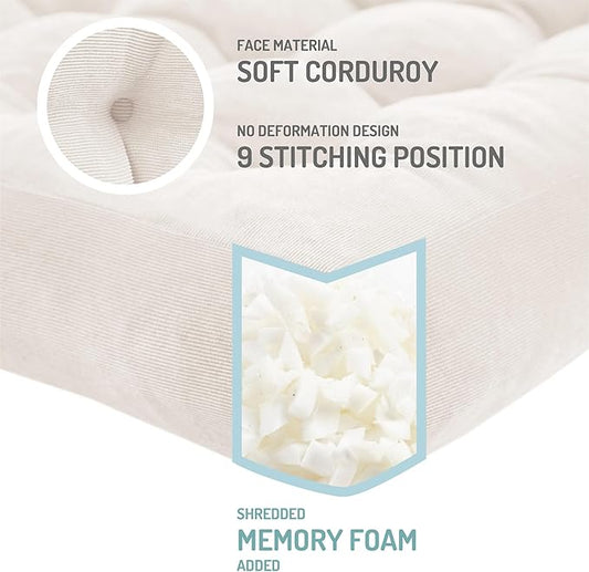 Degrees of Comfort Meditation Floor Pillow, Square Large Pillows Seating for Adults, Tufted Corduroy Cushion for Balcony Bedroom Tatami Living Room, Beige, 22x22 Inch