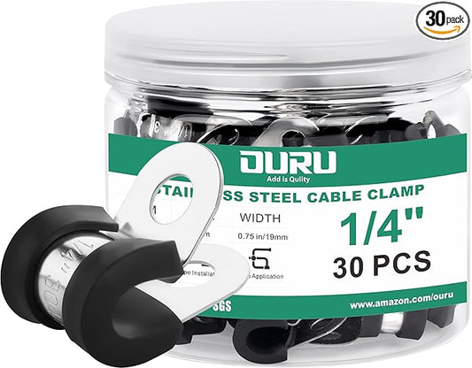 30pcs 1/4 Inch Stainless Steel Rubber Coated Cushioned Insulated Cable Clamps,Automotive Pipe Metal Clamps for Tube,Lines,Wire Cord Installation(Black,6mm)