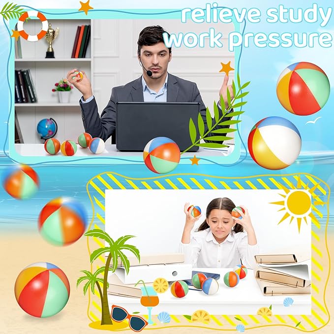96 Pcs Beach Stress Balls Bulk 2" Mini Relief Stress Ball Pu Foam Squeezy Balls Summer Swimming Pool Game Toy Rainbow Beach Ball for Hawaiian Beach Birthday Party Favor School Carnival Reward