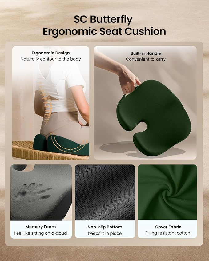 ProtoArc Seat Cushion, Office Chair Cushion for Sciatica, Coccyx Cushion, Ergonomic Memory Foam Seat Cushion for Car, Home, Pressure Relief Pad for Hip, Tailbone, All Day Comfort - Dark Green