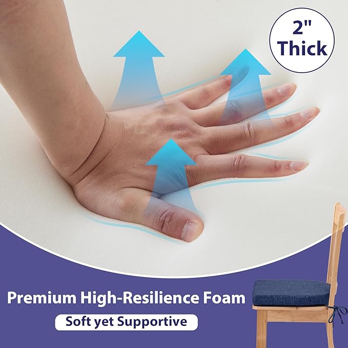 Chair Cushions for Dining Chairs with Ties and Removable Cover, Dining Kitchen Chair Pads with Non-Slip Bottom, High-Resilience Indoor Seat Cushions, 16'' x 16'' x 2'', Set of 4, Navy