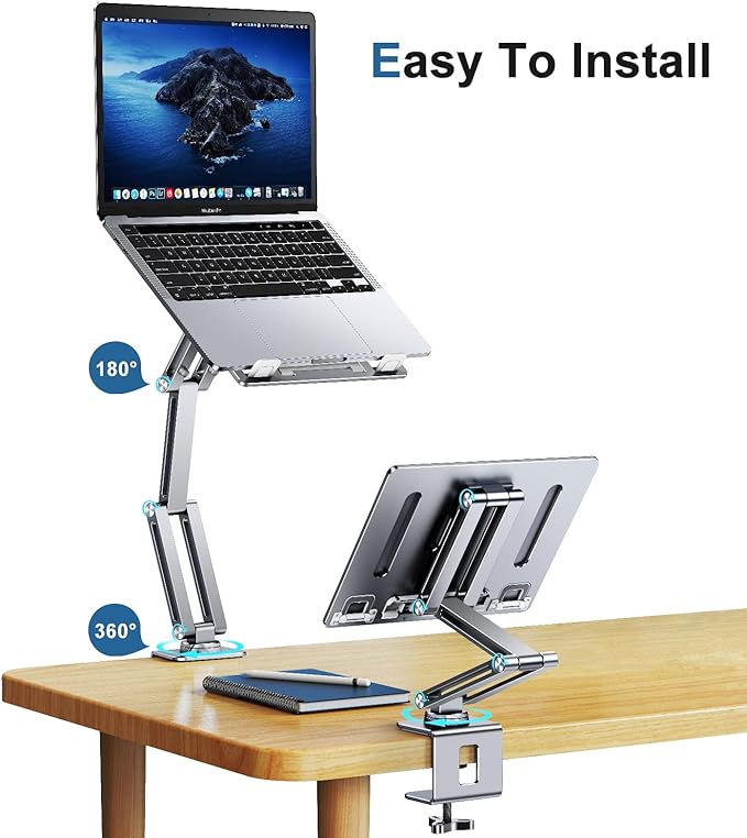 Laptop Mount for Desk, Tablet Arm Mount with 360° Rotating, Aluminum Laptop Tray Adjustable, Foldable Computer Stand/Holder, Fit for 11-17 Inch Laptops (Silver)