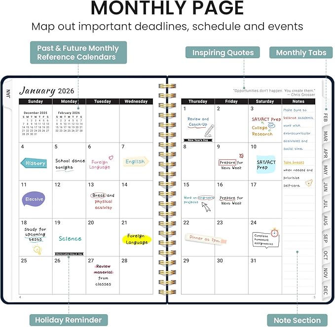 2026 Planner, Monthly and Weekly Calendar Planner for Women, January 2026 - December 2026, Hardcover Pretty 2026 Agenda Planner Book with Tabs, Spiral Bound, Perfect for School Office Home Supplies, 6.3" x 8.5" - Blue Patchwork