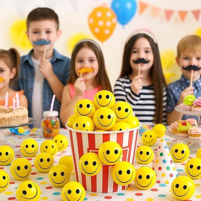 LovesTown Face Stress Balls, 2inch Funny Squeeze Balls 12PCS Yellow Smile Balls Mini Stress Relief Balls for Kids Adults School Carnival Reward Party Bag Gift