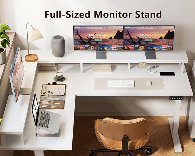 AODK Electric L Shaped Standing Desk, 59 Inch Height Adjustable Stand Up Desk with Power Outlets ＆ Full Monitor Stand, Reversible Corner Desk for Home Office ＆ Computer Workstation, White