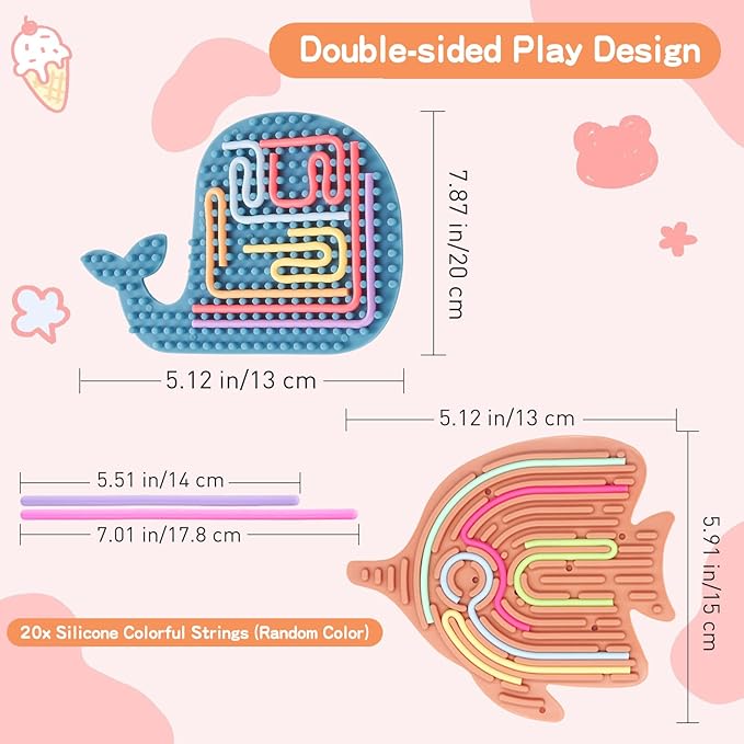 2 Pack Double-Sided Silicone Sensory Fidget Toy with 20 Random-Color Strings, Sensory Activity Board for Kids and Adults with Autism, ADHD, Silent, Stress Relief, Calming, Focus, Gift for Girls Boys