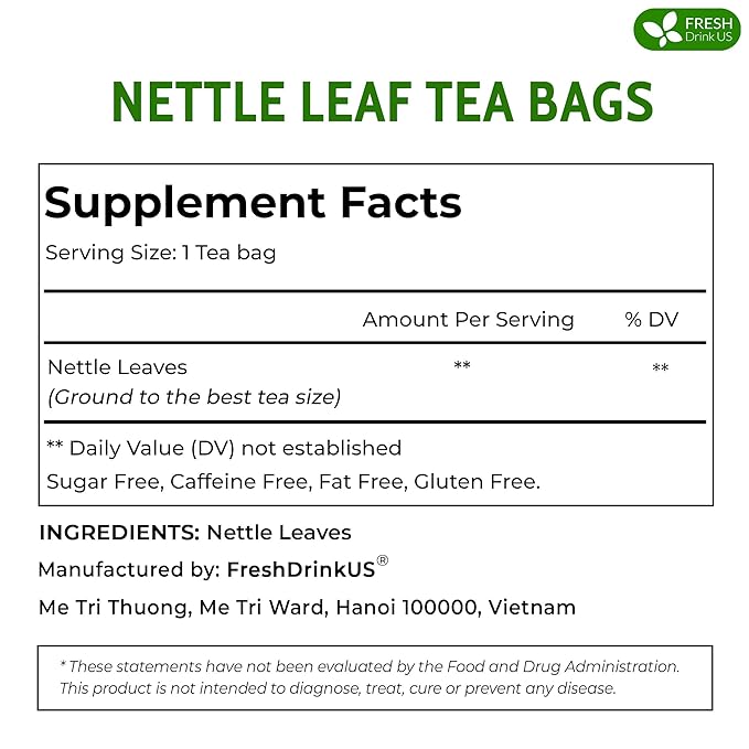FreshDrinkUS, 30 Nettle Leaf Tea Bags, 100% Natural & Pure from Nettle Leaves. Loose Leaf Nettle Herbal Tea. Nettle Leaf Tea. No Sugar, No Caffeine, No Gluten, Vegan.