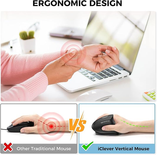 iClever Ergonomic Mouse, 2.4G Wireless Vertical Mouse with 4 Adjustable DPI, Silent Click, 7 Buttons, 3 Adjustable Tilt, Rechargeable Mouse Jiggler for Laptop, Desktop, PC, Computer, Windows 8/10/11