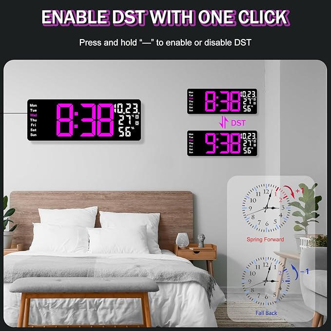 JoFomp 17.3" Large Digital Wall Clock, LED Digital Clock Large Display with Remote Control, Alarm Clock with Temp/DST/Dimmer/Humidity/Timer/Ambient Light - 12/24H, Alarm Wall Clock for Bedroom