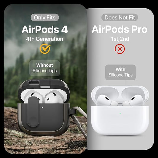 MAGEASY Design for AirPods 4 Case Cover - Rugged AirPods 4 Case with Lock | Work with Cable & Wireless Charging (Only ANC Charge Wirelessly) | Include Carabiner - Odyssey, Metal Black