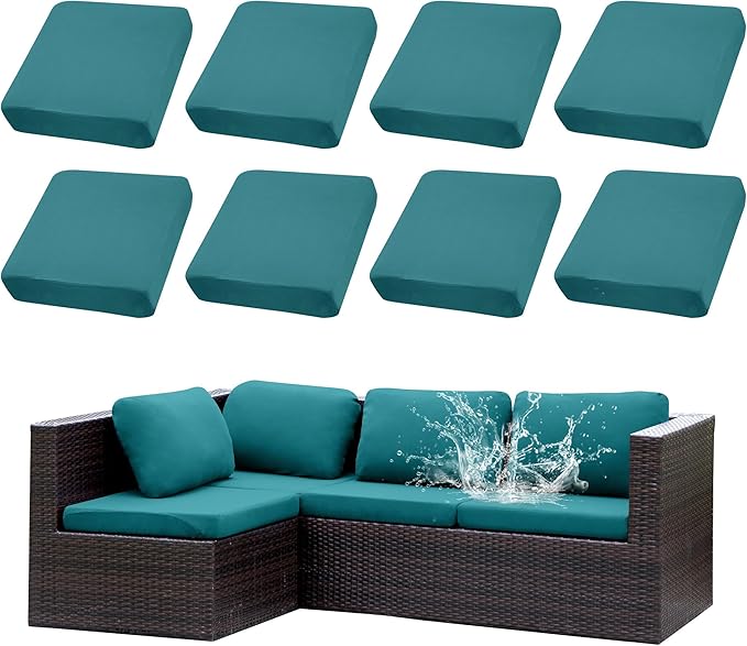 8Pcs Stretch Patio Cushion Covers Waterproof Outdoor Cushion Covers,Outdoor Couch Covers Patio Couch Cover Slipcovers, for Furniture Protector Cover Replacement(Cover Only) (Peacock Blue)