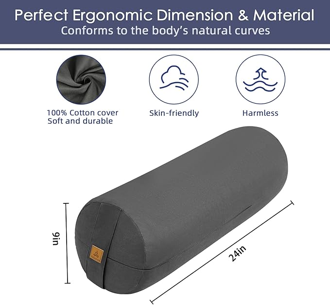 Organic Buckwheat Bolster(24X9 in) Yoga Bolster Supportive Yoga Cushion for Restorative Yoga Accessories Meditation Pillow Reading Pillow Floor Pillow Large Round Cylinder