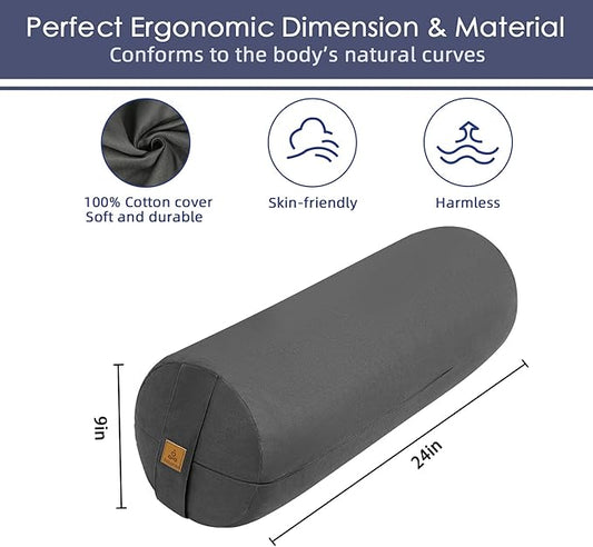 Organic Buckwheat Bolster(24X9 in) Yoga Bolster Supportive Yoga Cushion for Restorative Yoga Accessories Meditation Pillow Reading Pillow Floor Pillow Large Round Cylinder