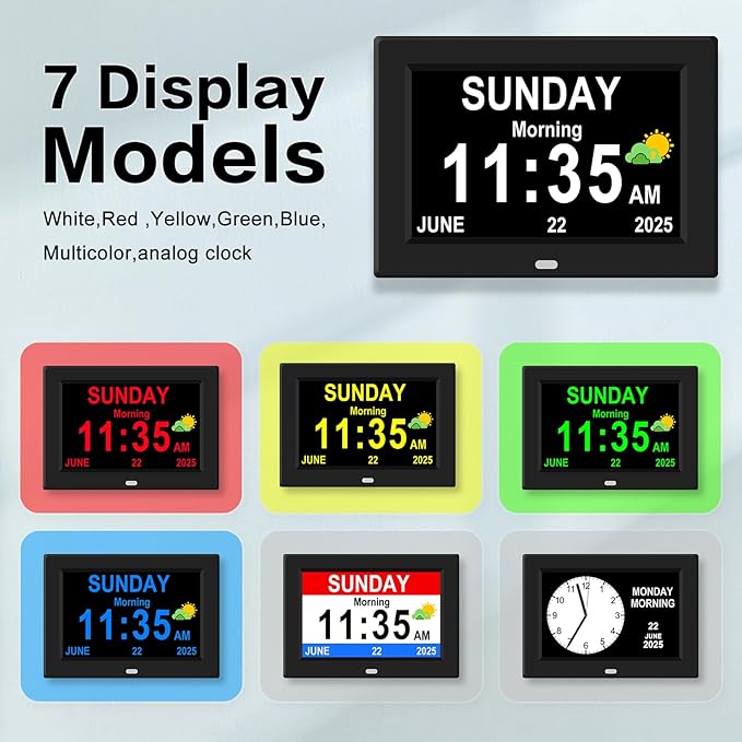 Digital Alarm Clock for Elderly Large Display for Seniors Electric Clocks with Date Day of Week 12 Alarms 4 Colors Desk Wall Calendar Clocks for Memory Loss Alzheimers Dementia Auto DST/Dimmer