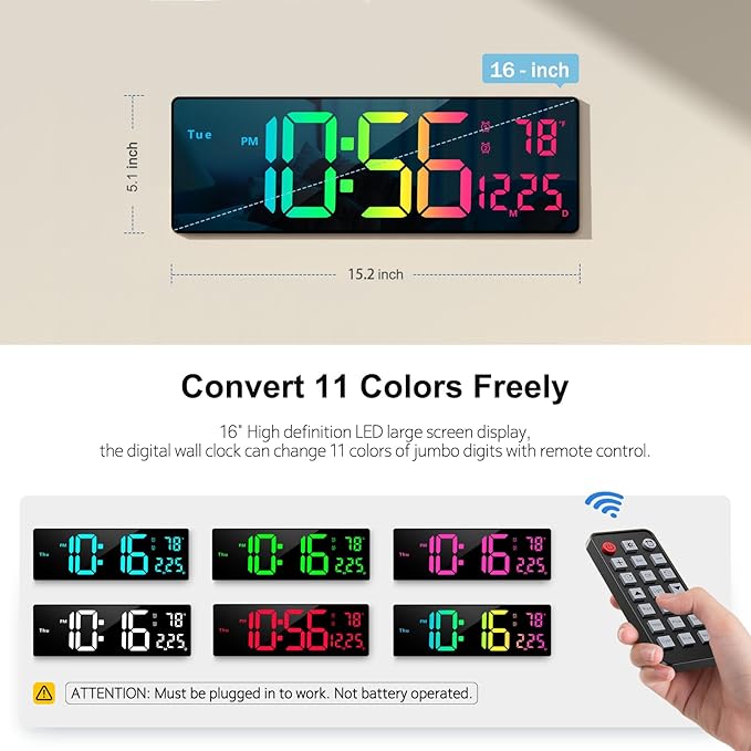 Digital Wall Clock Large Display 16", Digital Clock with 11 RGB Colors Changing Remote Control, LED Clocks with Night Lights for Living Room Bedroom Office Classroom Decor, Auto DST (Multicolor)