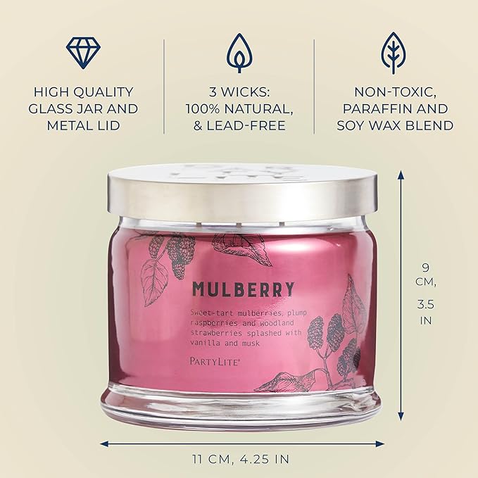 PartyLite Mulberry Scented, Notes of Tart Black Currant, Sweet Blackberry, Juicy Mulberry & Jewels of Pomegranate, 13.2oz 3-Wick Jar Candle, 45 Hour Burn Time, Luxurious Fragrance, Perfect for Gifting
