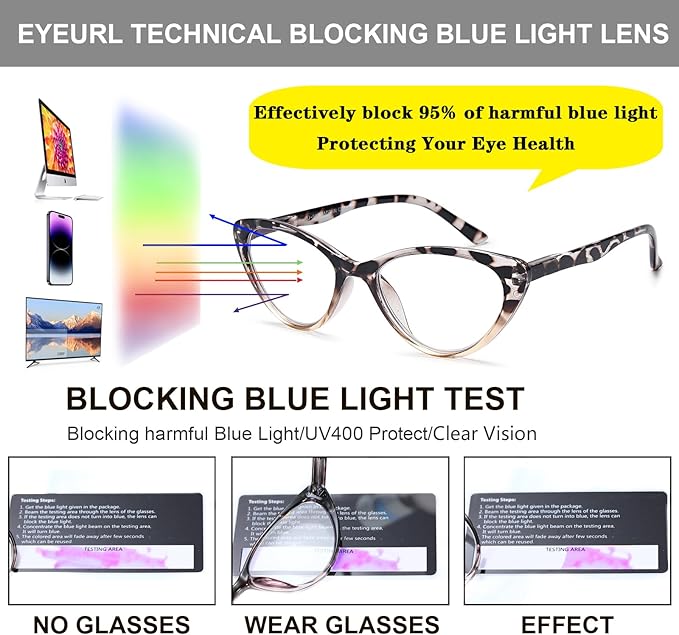 EYEURL Cat Eye Reading Glasses for Women 2 Pair Blue Light Blocking Readers 2.75 Comfort Spring Hinge Lightweight Eyeglasses Anti Glare for Ladies