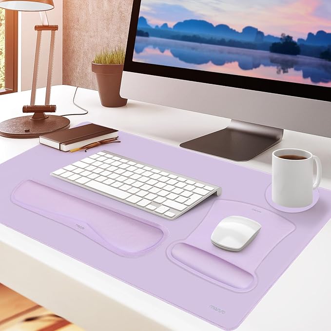 MOSISO Keyboard Mouse Pad Set, Large Gaming Mousepad&Keyboard Wrist Rest&Mouse Wrist Rest&Coaster, Ergonomic Non-Slip Mousepad&Easy Typing Cushion with Memory Foam for Home Office, Dusty Lilac