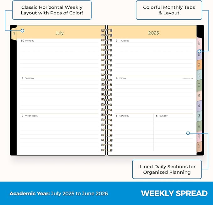 Blue Sky 2025-2026 Academic Year Weekly and Monthly Planner Calendar, July 2025 - June 2026, 12-Month, 5.8" x 8.6", Flexible Cover, Wirebound, Laminated Tabs, Storage Pocket, Black