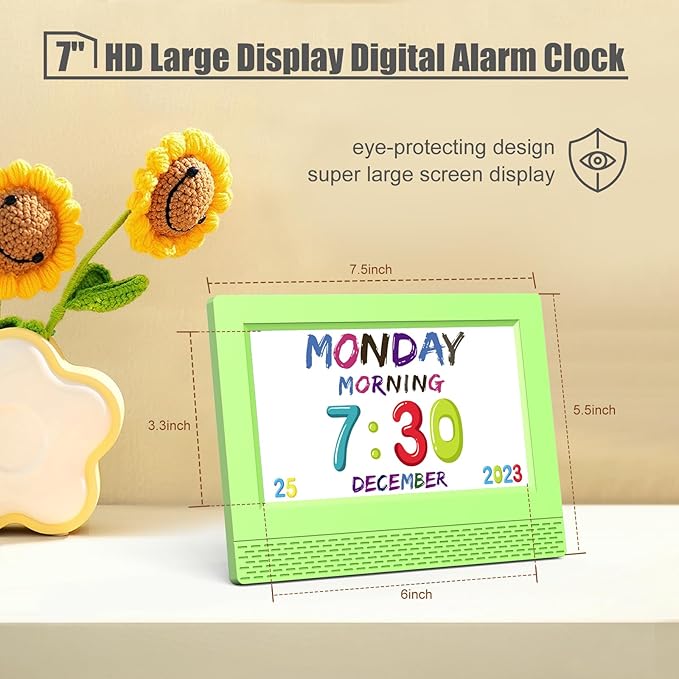 Kids Digital Alarm Clock Colorful, 7" Large LED Time Display Children's Sleep Trainer, Eye-Caring Digital Clock for Girls Boys Bedrooms Bedside, 17 Alarm Clock Settings Easy to Use Kids Birthday Gift