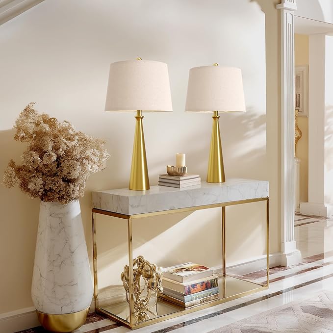 Oneach 25.75" 3-Way Dimmable Touch Control Modern USB Table Lamp Set of 2 for Living Room Bed Room Bedside Nightstand Lamps Fabric Shade Vintage Accent Light Gold Antique Brass