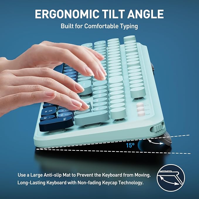 Wireless Keyboards Mouse Combos, Colorful Cute Typewriter Full-Size Retro Round Keycaps, 2.4GHz Cordless Connection Sleep Mode Office Wireless Keyboard and Mouse Set for Desktop Laptop PC Computer