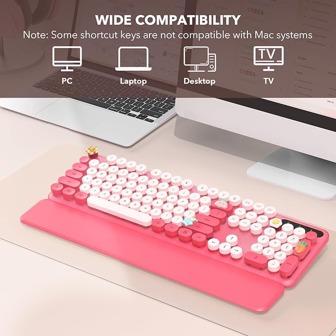 Retro Typewriter Wireless Keyboard, Pink Round Keycaps with Detachable Wrist Rest, Vintage Style Computer Cordless Keyboard, Cute Full-Size for Windows/PC/Laptop (Ideal for Writer/Gamer/Office)