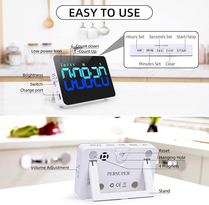 Kitchen Digital Timer, Count Down Up, Rechargeable, Vibration Mode Adjustable Volume and Brightness LED Display, Time Management Cook, Desk, Kids Adults Study Teaching, Kitchen Gadgets