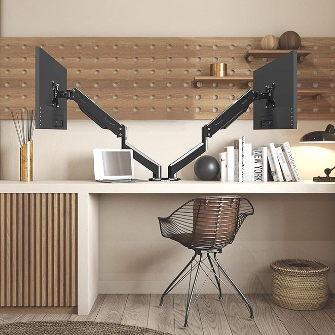 Pholiten Dual Monitor Arm 32inch,Fully Adjustable Gas Spring Monitor Desk Mount Vesa Bracket,Adjustable Tilt/Swivel/Rotate Monitor Stand Up to 22lbs