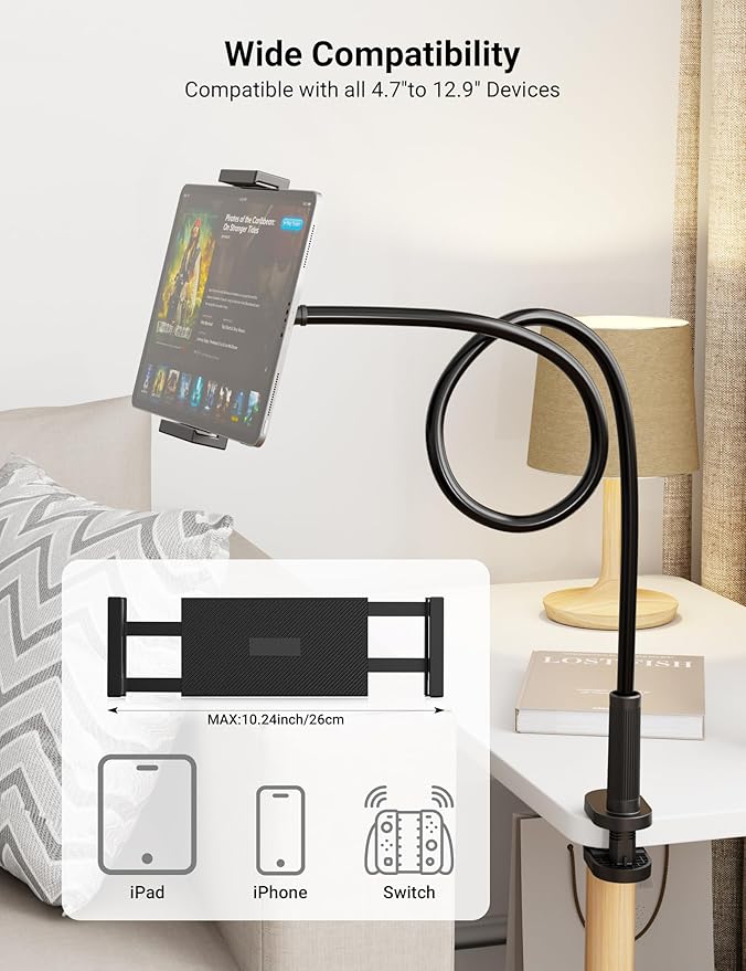 Flexible Gooseneck Tablet Holder, 360° Adjustable Phone Mount with Sturdy Clamp for Desk/Bed/Kitchen, Compatible with iPad Air Pro Mini iPhone/Samsung Galaxy Tabs/4.7~12.9"