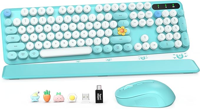 Wireless Keyboard and Mouse Combo, Full-Size Retro Typewriter Keyboard with Detachable Wrist Rest, Round Keycaps, Sleep Mode & Tilt Legs, 2.4GHz Cordless Connection for Windows/PC (Robin Egg Blue)