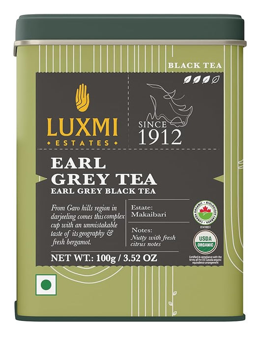 Luxmi Estates Garo Hills Earl Grey Tea 100gm Tin | Certified Organic Black Tea