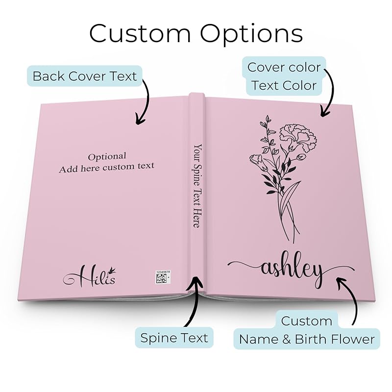 Hilis Personalized Birth Flower Journal, A5 Hardcover Lined Notebook for Writing, Daily Dream Wellness Travel Dairy Journaling Notebooks D88