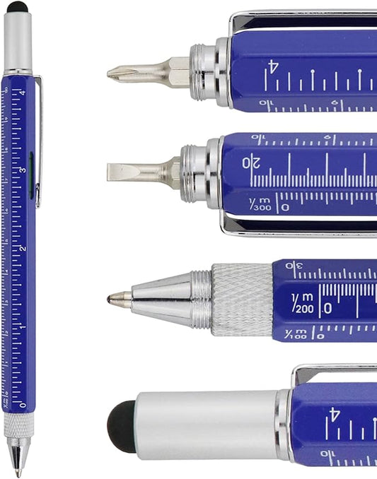 HeTaoCat Metal Multi-tool - 6-in-1 Stylus Pen with Screwdriver, Phillips & Flathead Bits, Ballpoint Pen, Stylus, Bubble Level, Ruler (Blue)