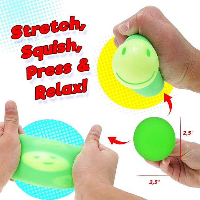 JA-RU Squish Attack Ball (4 Units Assorted) Squooshy Sphere with 6 Different Smiley Faces. Fidget Squishy Toy for Kids, Teen, & Adult. Soft Stress Therapy, Squish and Stretch Party Favor. 5606-4