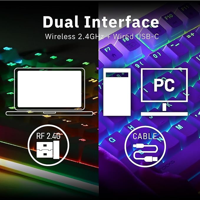 iRocks K71R Wireless RGB Mechanical Gaming Keyboard, Switches Brown,PBT 107 Keys NKRO,RGB Backlit, Pro Gaming Keyboard, Dual Wireless/Wired, Windows, Laptop PC Mac,White (Blue Switch)