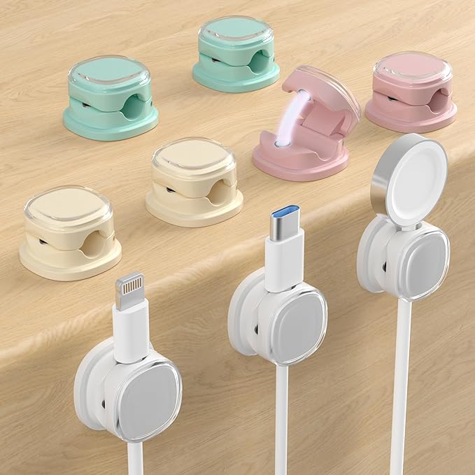 Magnetic Cable Clips, Adjustable Cord Holder Management, Adhesive Wire Keeper Organizer for Home Office Desk Phone PC Car Wall Desktop Nightstand Appliance (9-PCS White_Purple_Cyan_Apricot)