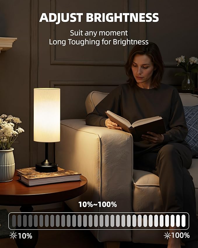 Battery Operated Lamp, Dimmable, 2700K, Timer, Touch Control, Portable, LED, Wireless, Rechargeable, Cordless, Desk Lamp, Kitchen Lamp, Fabric Shade, for Dining Room, Bedroom, Living Room, Dorm