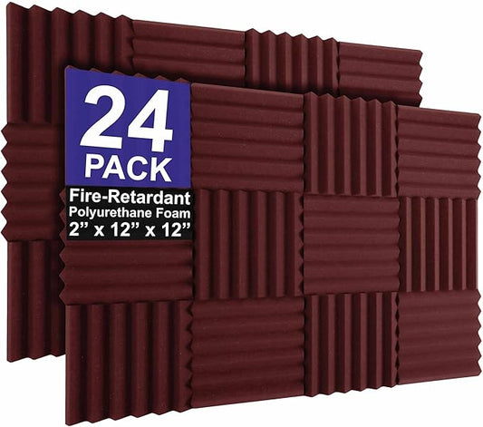 Foam Factory Inc 24 Pack Color Acoustic Foam Panel Studio Soundproofing Wedge Wall Tiles 12” X 12” X 2” (Burgundy)