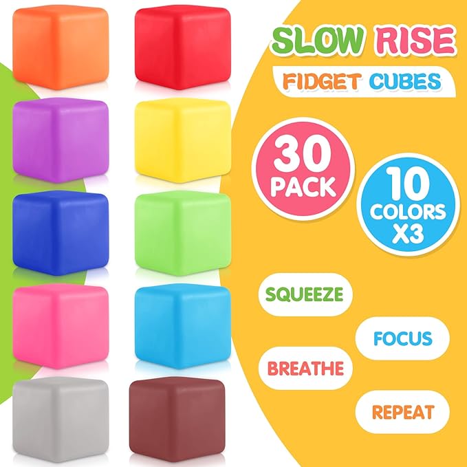 Slow Rising Stress Cube 30 Pack, Square Cube Fidget Ice Cube Stress Balls, Dough Stress Balls Soft Fidget Squishy Toys for Anxiety Relief, Pull Stretch Squishy Toy, Classroom Prize Box Toys (30PACK)